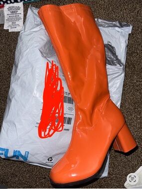 Women’s Orange Patent Mid-Calf Block Heel Boots